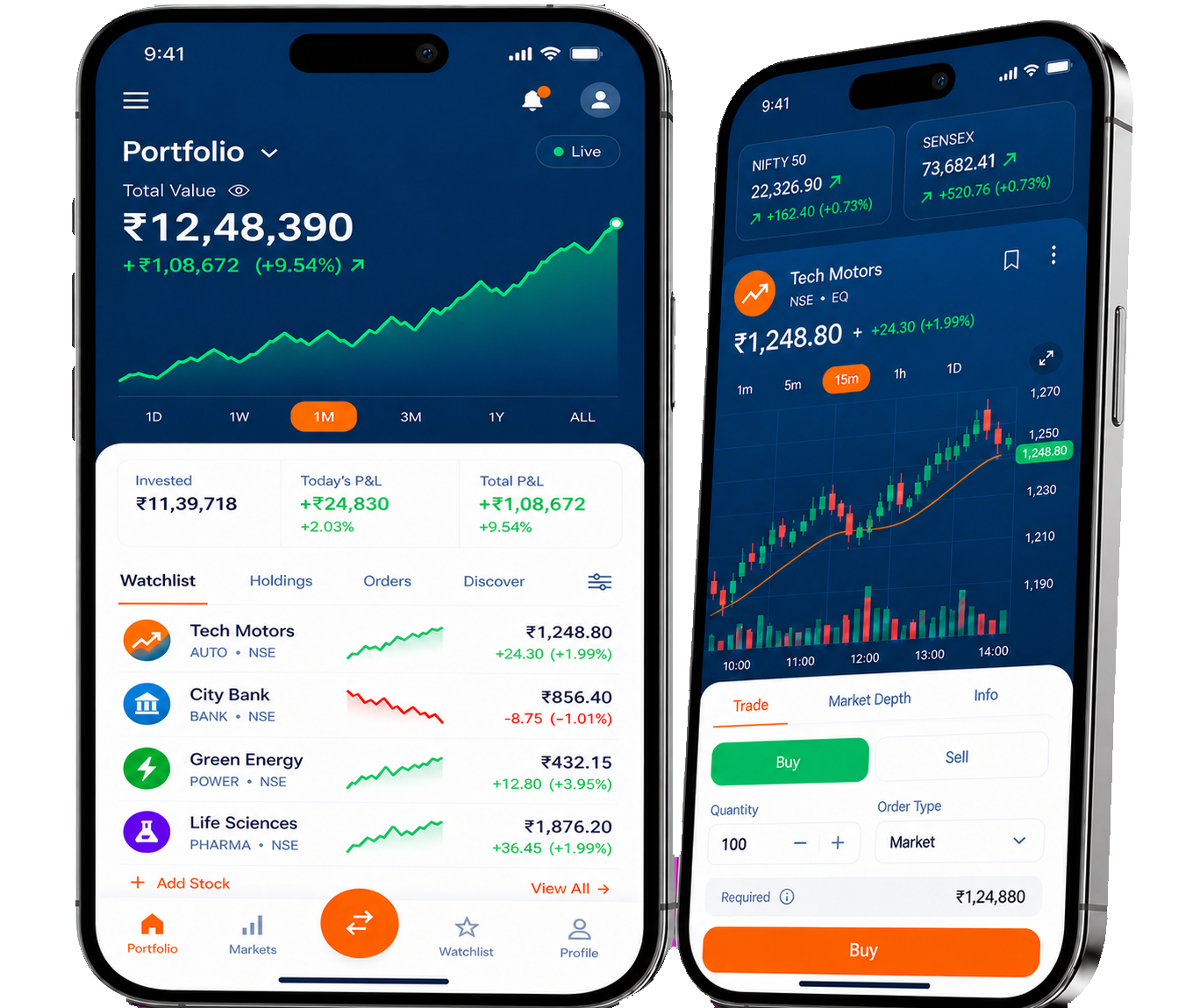 Two mobile phones displaying Investeria portfolio, watchlist, market charts and order tools
